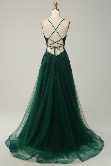 A Line Spaghetti Straps Dark Green Long Ball Dress with Criss Cross Back